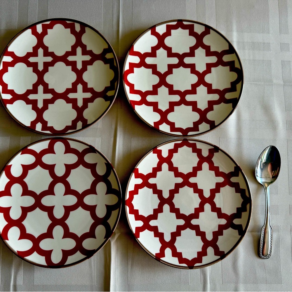 Southern living at home portico accent plates in red lattice designs.